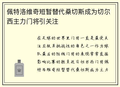 佩特洛维奇短暂替代桑切斯成为切尔西主力门将引关注 佩特洛维奇短暂替代桑切斯成为切尔西主力门将引关注